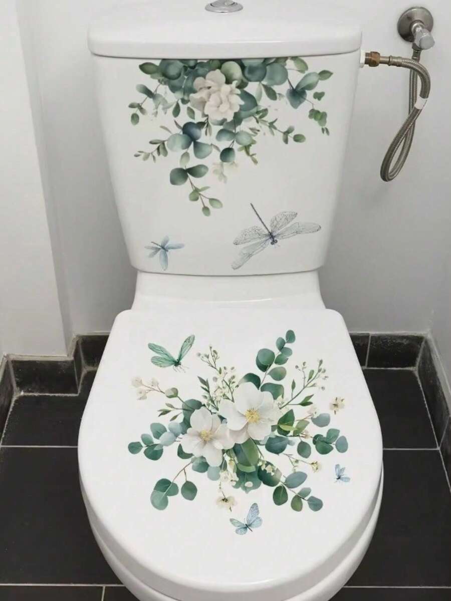 2件/套 美丽的植物花卉蜻蜓马桶防水贴纸 浴室家居马桶盖装饰自粘海报 - 30 30厘米 - 查看 1