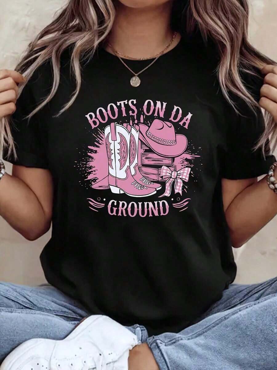 1 Piece Of Cowboy Boot Graphic Print T-Shirt, Fashionable Round Neck T-Shirt, Casual Short Sleeve T-Shirt For Women, 180g 100% Cotton. - 黑色 - 查看 1