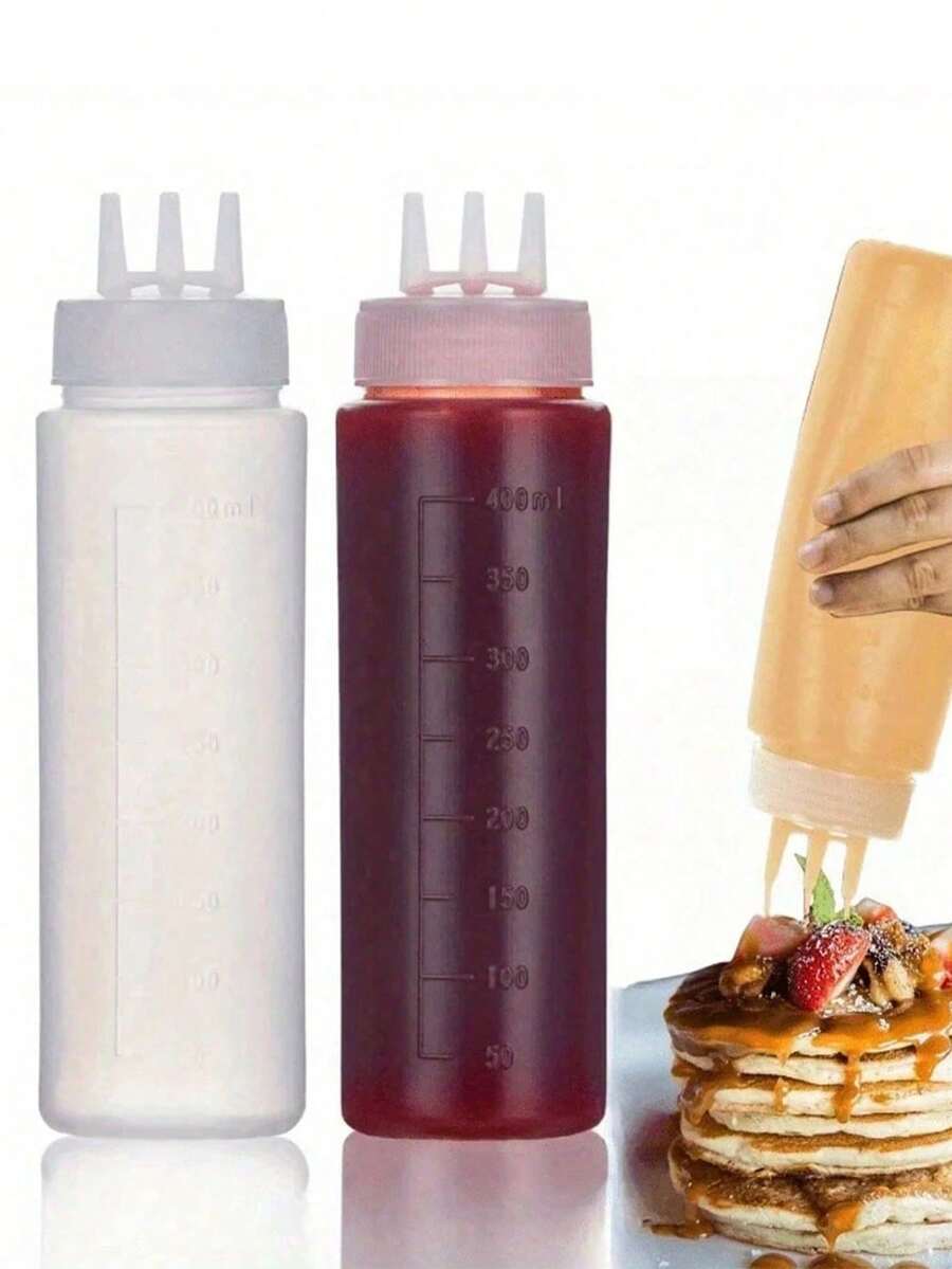 Bộ 2 chai bóp đa năng dùng trong nhà bếp, thiết kế 3 lỗ lệch màu, chất liệu PE, thích hợp đựng nước sốt, gia vị và dùng trong làm bánh, bao gồm vòi màu trắng, đỏ và hổ phách, dụng cụ phân phối gia vị, đồ dùng nhà bếp hiện đại, chất liệu trong suốt, chai bóp đựng nước tương. - Nhiều màu - Xem 1