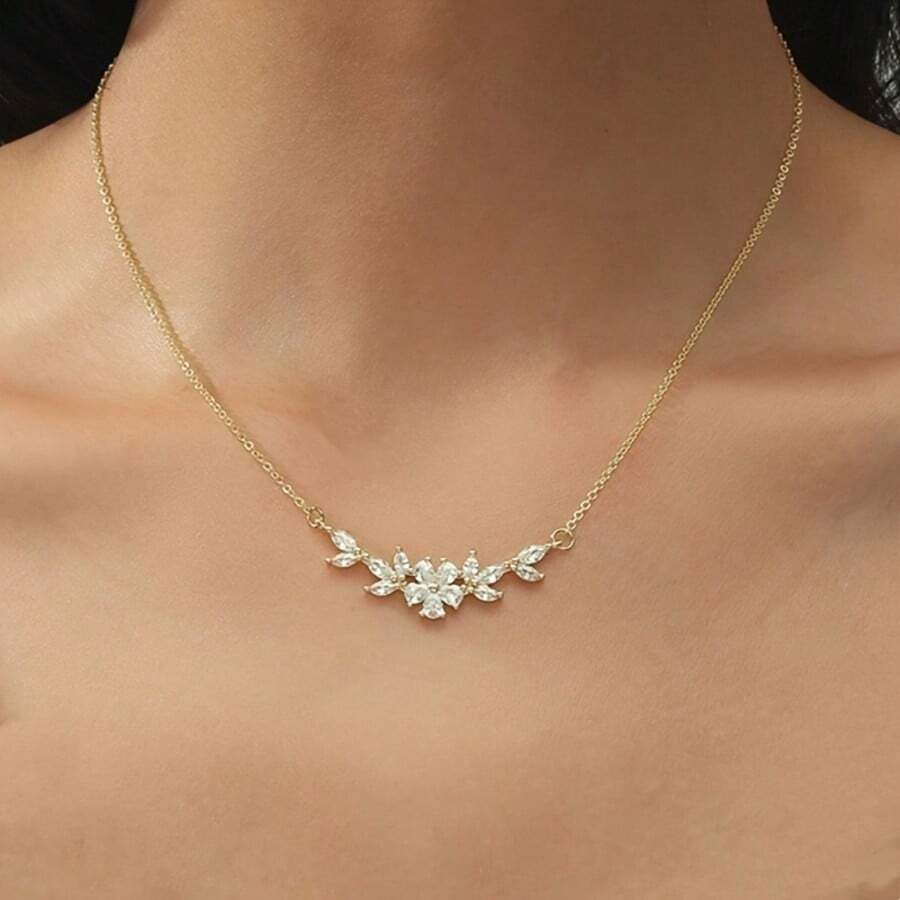 1 pieza Collar con colgante de flor y hoja de diseño curvo minimalista con incrustaciones de cobre y circonita sintética, adecuado para uso diario de mujeres y como regalo - Multicolor - Ver 1