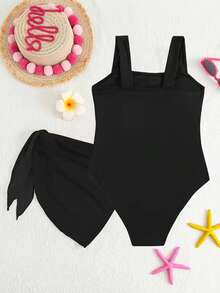Traje de baño de una pieza con diseño floral calado para niña preadolescente, con cubrecuerpo y falda, para vacaciones 2026 - Negro - Ver 2