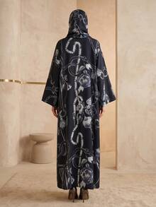 Bộ Abaya dài dáng rộng màu đen in họa tiết dây xích, kiểu dáng sang trọng cổ điển, ôm sát tôn dáng, thiết kế thanh lịch đa năng phù hợp mặc hàng ngày cho phụ nữ. - màu đen - Xem 5
