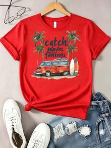Playera roja de algodón para mujer con estampado retro tropical de "Catch Waves Not Feelings", furgoneta vintage, palmeras, tablas de surf y frase surfera, estilo veraniego, surfista y nostálgico, ideal para uso diario, playa, vacaciones y looks casuales de veranoAdecuado como regalo. playera de mujer. blusas>elegantes. boho chic,Exquisita camiseta estampada de cuello redondo para mujer, ideal para varias estaciones, perfecta para vacaciones, viajes y días festivos. - Rojo - Ver 6