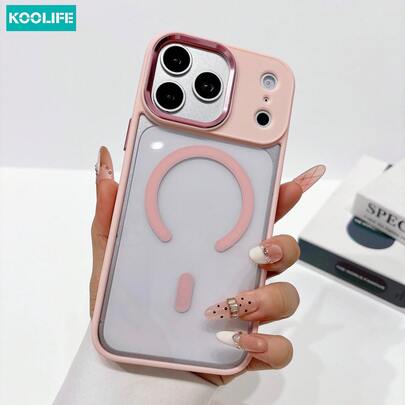 Koolife 1pc Pink Magnetic Transparent Phone Case, Colorful Frame Shockproof Cover, Compatible With Apple 17/17pro/17promax/16/15/14/13/12/11