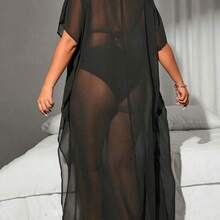 Slayr CURVE Plus Size All-Over Print Sheer Round Neck Short Sleeve Coverup Dress Summer - Negro - Ver 3