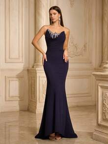 VIPGIRL Novo e elegante vestido de noite luxuoso azul marinho com busto plissado, perfeito para casamentos e festas formais. - Azul marinho - Ver 2