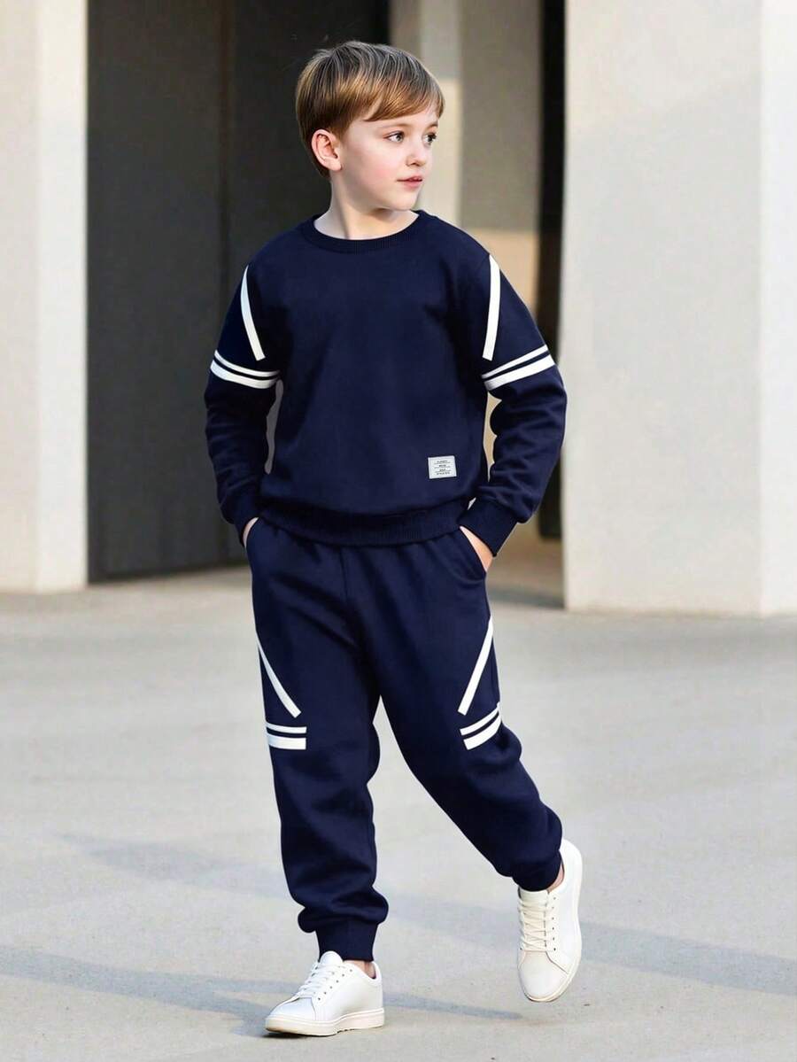青少年男孩春秋長袖衛衣與長褲兩件套,純藍色搭配極簡白色印花,圓領,時尚休閒運動風,戶外酷帥穿搭 - 寶藍色 - 查看 1