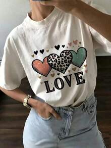 Camiseta de moda para mujeres de verano de manga corta camiseta de moda para mujeres ocio al aire libre 'letras y amor' estampado camiseta casual para mujeres con patrones relajados - Blanco - Ver 1