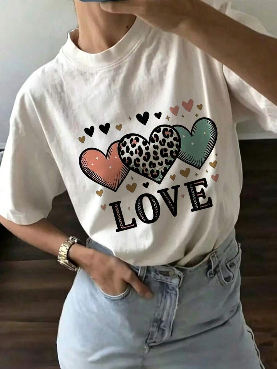 Camiseta de moda para mujeres de verano de manga corta camiseta de moda para mujeres ocio al aire libre 'letras y amor' estampado camiseta casual para mujeres con patrones relajados - Blanco - Ver 1