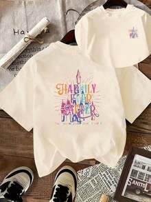 [Double-Sided Print] Casual Short-Sleeve Crew Neck T-Shirt With Colorful Castles And Fireworks Print And The Text "HAPPILY EVER AFTER". Suitable For Women's Spring And Summer Wear, 4th Of July Outfits, World Cup Match Day. Soft And Lightweight T-Shirt, Easy To Match With Any Outfit. 100% Cotton Graphic T-Shirt For Women, Brokey Y2K Streetwear Style, Crew Neck, Loose Fit. - 杏色 - 查看 1