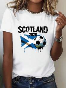 Camiseta suave 100% algodón para mujer, cuello redondo, estampada, colección de ropa USA-México. Camiseta estampada con cuello redondo para mujer, con estampado del equipo de fútbol de Escocia. Un elemento esencial llamativo y versátil. Ropa para Fanáticos del Fútbol, Ropa para Animar al Equipo. Camiseta de Algodón Transpirable, Combinable con Todo. - Blanco - Ver 6