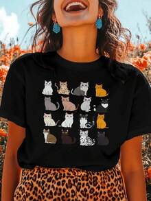 Camiseta de Mujer con Estampado de Dibujos Animados de Varios Gatos, Camisetas Gráficas de Animales de Manga Corta, Camiseta Ajustada de Cuello Redondo y Canalé Negra para Mujer - Negro - Ver 9