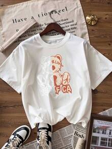 Short-Sleeve T-Shirt With Funny Bear And Youthful Calligraphy, Fashionable Short-Sleeve T-Shirt For Spring And Summer 2026, Made In Mexico, 180 Grams. Cartoon Print, Couple Design, Suitable For Indoor Or Outdoor Wear. Crew Neck, Unisex, Ideal For Office And Leisure. One-Pack. - WH-P631577SLNDXZGY396 - 查看 3