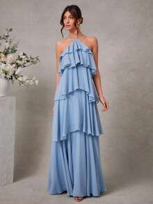 Vestido largo elegante y romántico de gasa con cuello de halter y volantes para invitados a una boda - Azul - Ver 3