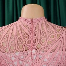 New 2026 Women's Solid Color Lace Crochet Hollow Out Ruched Dress - Pink - View 3