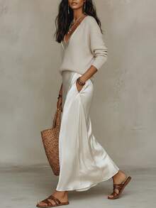 Women's Knit Sweater And Satin Slip Dress Two-Piece Set With - Apricot-colored Suit - View 2