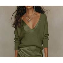 Women's Knit Sweater And Satin Slip Dress Two-Piece Set With - Dark Green Suit - View 4