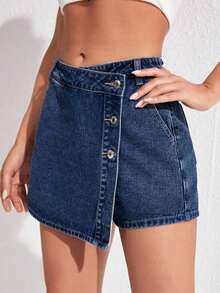 Envoltorio de falda pantalón denim con dobladillo asimétrico de unicolor - Azul lavado oscuro 2 - Ver 6