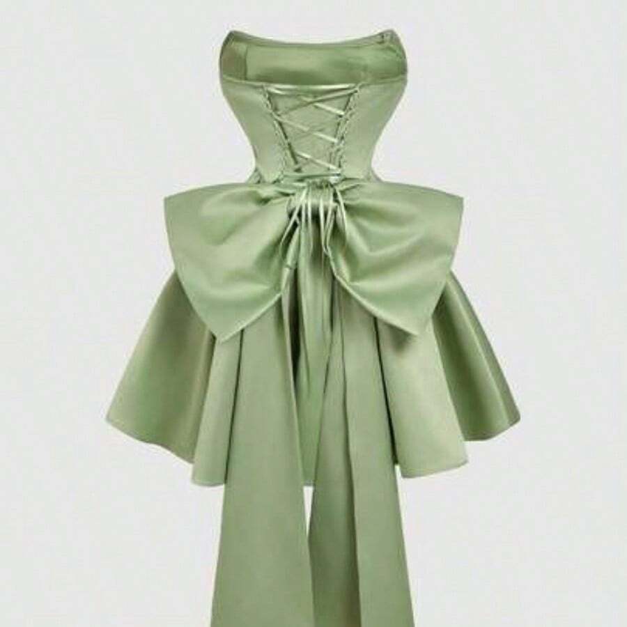 MOD Satin Fitted Bandeau Bow Decor Short Dress, Pink Corset Dress - Verde - Ver 1