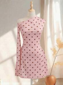 Vestido corto de verano de lunares en color claro con tirantes de lazo, asimétrico y sin mangas, de unicolor y elegante para mujer - Rosa - Ver 2