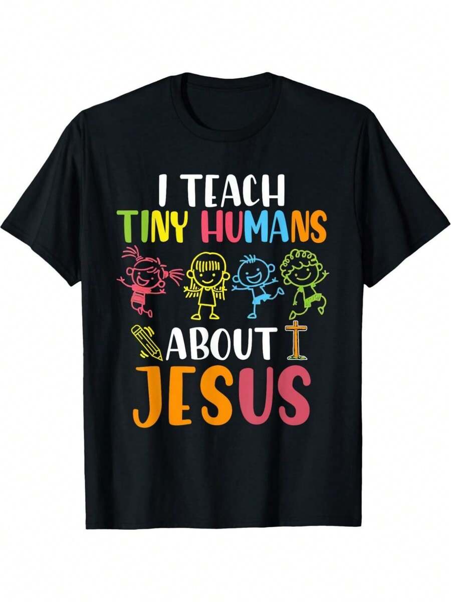 Camiseta de Enseñanza Cristiana para Hombres y Mujeres - Divertido Diseño Gráfico "Yo enseño a pequeños humanos sobre Jesús" - Camiseta Suave y Transpirable Adecuada para Escuela Dominical, Grupo Juvenil - Ropa Religiosa para Maestros, Catequistas - 220G - Negro - Ver 1