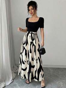 Vestido de manga corta con estampado, cintura ajustada y lazo, estilo qipao elegante para mujer - Multicolor 7 - Ver 3