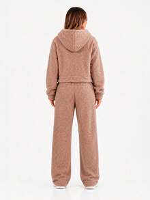 Women's Winter Plush Teddy Fashion Casual Comfortable Set – Hooded Jacket + Warm Pants - Lạc đà - Xem 2
