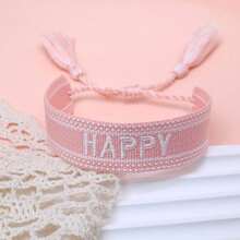 1pc Handmade Embroidered "HAPPY" Letter Woven Bracelet, Suitable For Friends, Family, Festivals, Parties, Travel, Boho Casual Vintage Beach Vacation Friendship Bracelet - Baby Pink - View 6