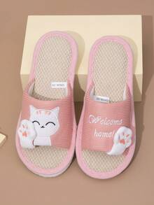 Women's Open Toe Home Slippers, Embroidered Lucky Cat Fashion Cute Animal Slide Sandals, Lightweight And Comfortable - Pink - View 8