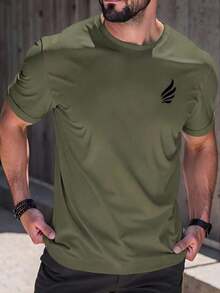 Men's Short-Sleeved T-Shirt With A Round Neck And Simple Design - Army Green - View 9