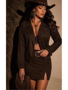 Women's Suede Country Western Set: Jacket And Short Skirt With Slit, High Waist, Elegant Party/Rodeo Style - Coffee Brown - View 5