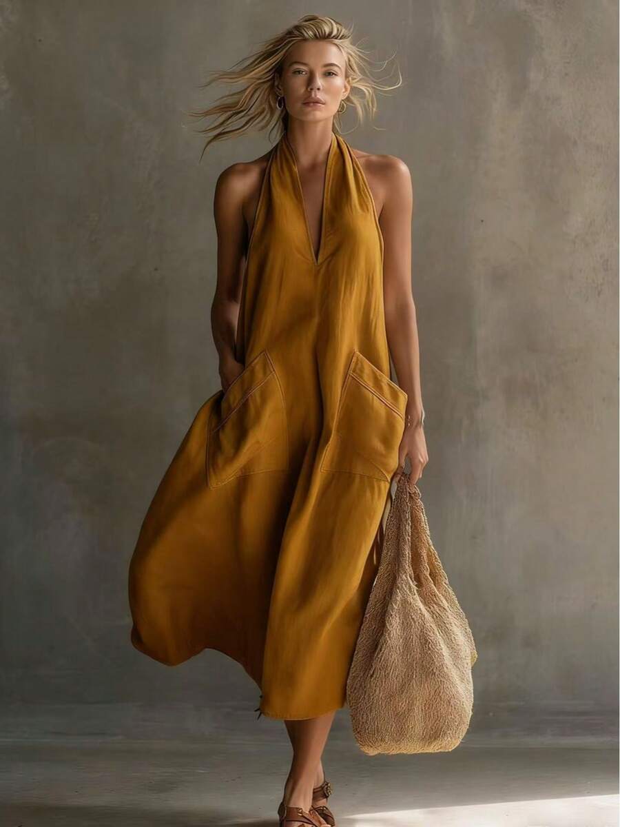 KZKZWK Women's Halter Neck Linen Maxi Dress, Sold Out Viral Casual Dress, V-Neck Sleeveless Loose Fit Dress With Pockets, High Demand Limited Stock, Beach Co - 桔色 - 查看 1
