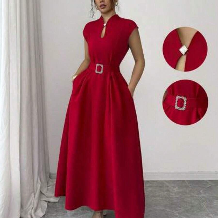Elenzya Women's Elegant Casual Commute Vacation Afternoon Tea Valentine's Day Party Solid Color Keyhole Neck Sleeveless Waist Ruched Buckle Belt Flared Hem Pockets Dress, Spring/Summer Long Dress With Pocket Women's Dress Formal Wear High Quality Dress Wommen Dress Women Dresses Elegant Classic - Rojo - Ver 1