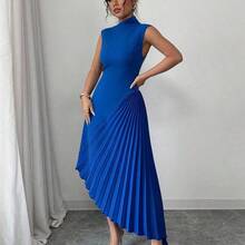 Elenzya Women's Elegant Fashionable Commute Casual Vacation Charming Party Sleeveless Asymmetric Collar Cinched Waist Fitted Uneven Hem Patchwork Solid Color Dress - Negro - Ver 4