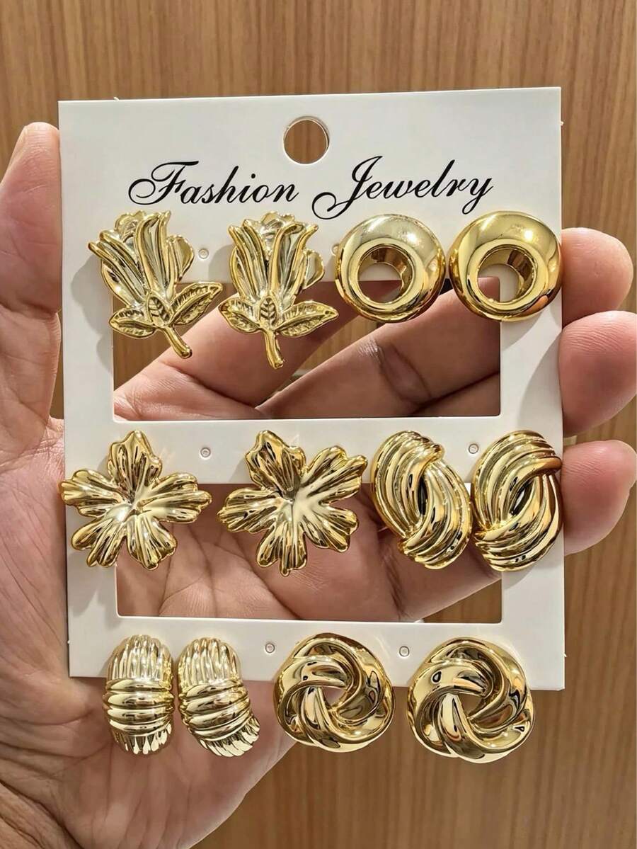 2/12pcs Set Gold Metal Textured Earrings, Niche Floral & Geometric Design, Versatile For Commute, Dating, Daily Matching - Gold - View 1