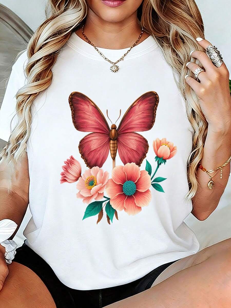 Camiseta con estampado gráfico floral de maosas para mujer - Camiseta casual de manga corta y cuello redondo, diseño vibrante de maosas en rojo, rosa y naranja con flores de coral y hojas verdes, top de verano suave y transpirable, regalo perfecto para amigos, familiares eres queridos