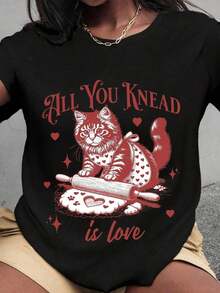 Plus Size T-Shirt For Valentine's Day With French Fries Design, Fun For Food Lovers, Women's, With Cute French Fries And Heart Design, Perfect Casual Top For Everyday Wear And Gift Ideas | Exquisite Design | Loose And Comfortable | Easy To Match | - 黑色 4 - 查看 1