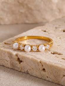 1 pieza Anillo elegante alternado de perla y circonita, joyería francesa apilable para novia y invitados, apto para uso diario - Multicolor - Ver 3