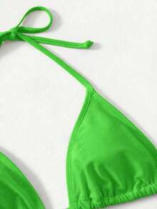 Women's Simple Solid Color Swim Bikini With A Halter Neck And Cutout, Suitable For Beach Vacations And Summer. - Olive Green - View 4
