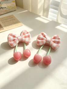 2pcs/Set Girls' Burgundy Cherry Hairclips, Vintage Sweet Bow Side Clips, Versatile Hair Accessories For Parties And Occasions - Multicolor - View 5