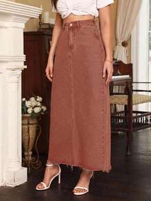 Women's High Waist Pocketed Frayed Hem Casual Denim Mini Skirt - Café integral - Ver 5