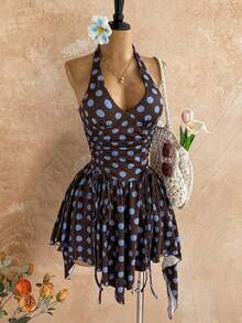 asdSoleia Nuevo vestido mini con cuello en V profundo, cintura con lazo, cuentas de madera y bajo asimétrico, adecuado para fiesta, cita, discoteca, estilo bohemio, vacaciones, ropa de mujer de otoño, vintage, días festivosasd CQT4 - Multicolor - Ver 4