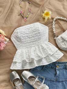 Blusa amarilla casual de verano estilo peplum sin espalda con lazo para mujer, look casual para vacaciones, almuerzo o de regreso a clases - Blanco - Ver 1