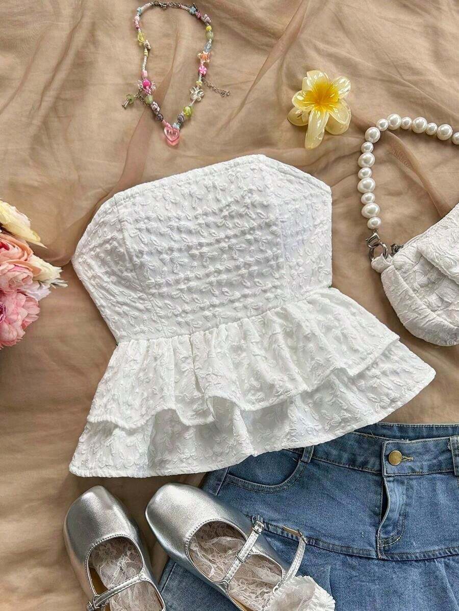 Blusa amarilla casual de verano estilo peplum sin espalda con lazo para mujer, look casual para vacaciones, almuerzo o de regreso a clases - Blanco - Ver 1