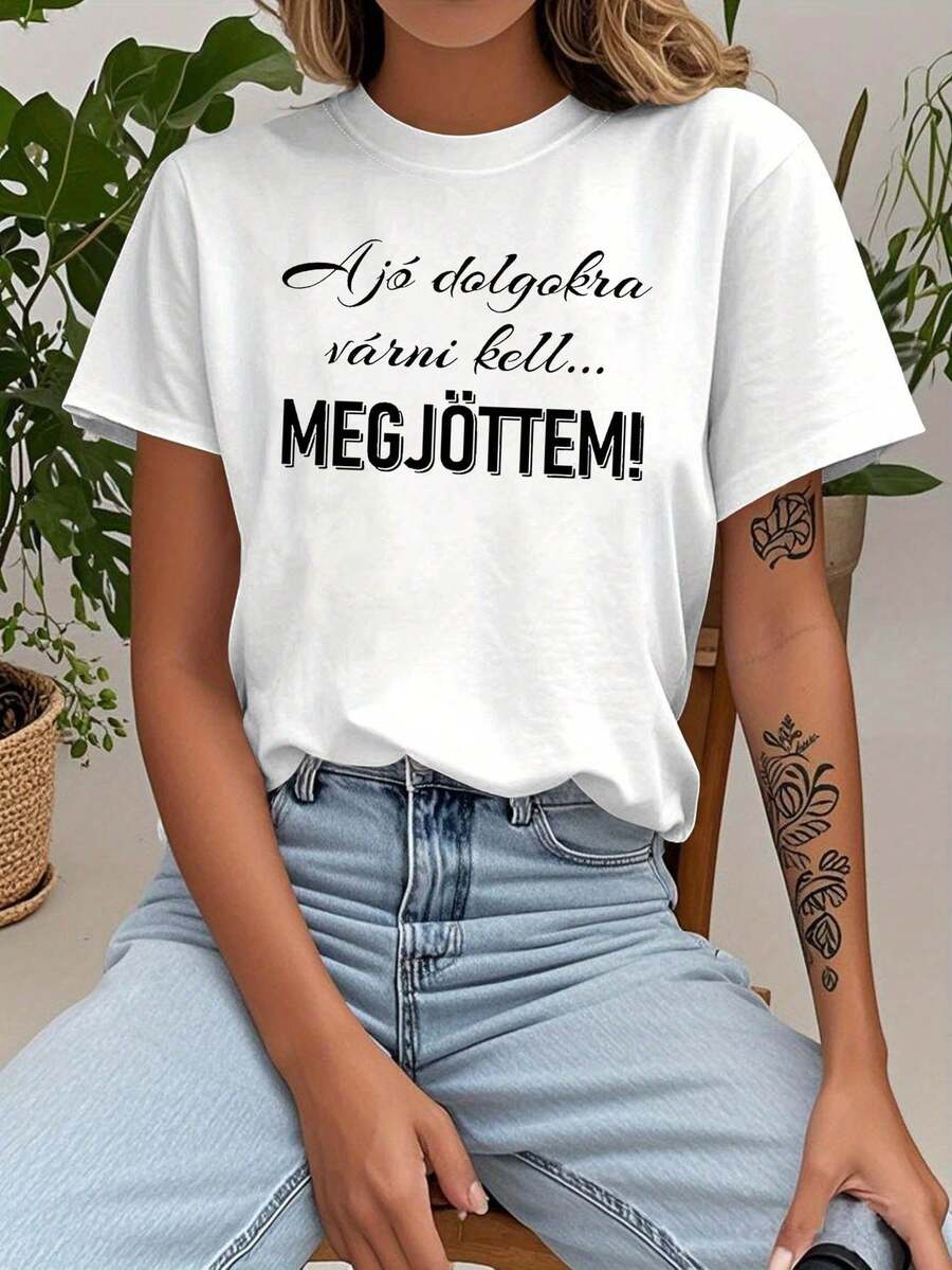 Camiseta con estampado gráfico "Hungarian Good Things Wait" para mujer, primavera-verano, manga corta, cuello redondo, casual, para uso diario y salidas informales. - Blanco - Ver 1