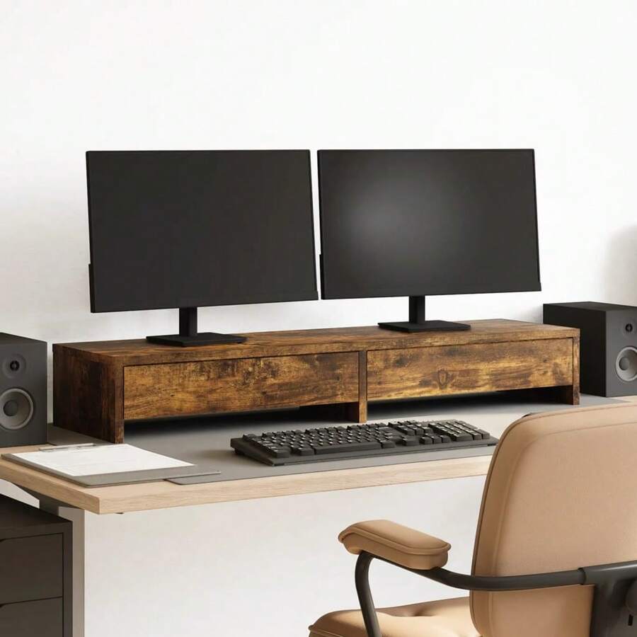 Soporte para monitor vidaXL con cajones, roble, 100x27x15 cm, aglomerado. - Marrón - Ver 1