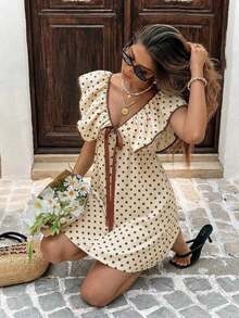 2026 Vestido corto informal de mujer con cuello en V, con ribete de contraste y estampado de rayas - Multicolor - Ver 1
