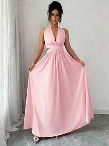 Elegante vestido sin mangas con cuello en V, diseño hueco en la cintura y pliegues, color morado, nueva llegada de primavera/verano - Rosa - Ver 5