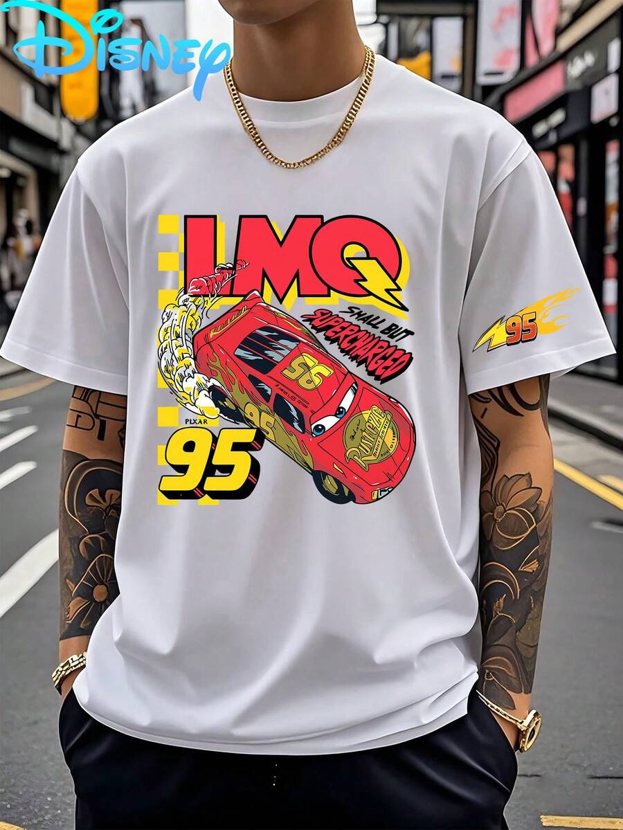 Disney Racing Style Lightning McQueen Printed T-Shirt Disney IP Street Sports Style Men's And Women's Loose Short Sleeves Suitable For Daily Wear, Summer Easy Wear Essential, Micro-Elastic, Breathable, Outdoor Holiday Sports, Men's T-Shirt, Holiday Gifts, - trắng - Xem 1