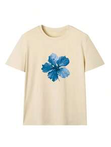 Camiseta de manga corta beige con cuello redondo, estampado floral, estilo casual, holgada y versátil para mujer, ideal para el verano, un top moderno para el uso diario. - Albaricoque - Ver 2